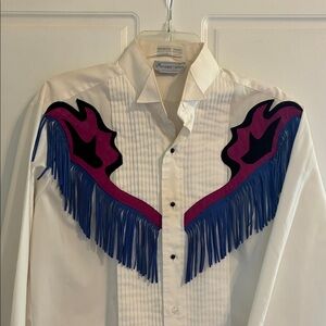 Roper Women's White Shirt with Blue and Pink Fringe